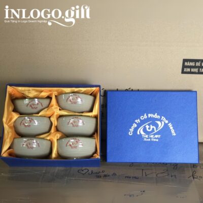 Bộ bát cơm in logo 6 món màu đất hoạ tiết vẽ tay hoa và chuồn chuồn BBC-07