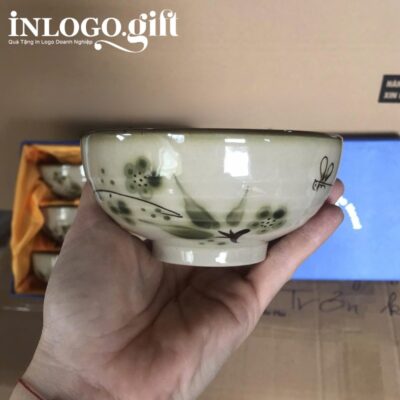 Bộ bát cơm in logo 6 món màu đất hoạ tiết vẽ tay hoa và chuồn chuồn BBC-07