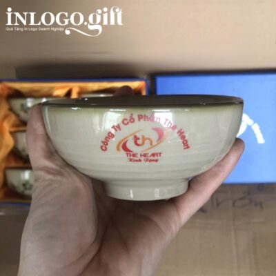 Bộ bát cơm in logo 6 món màu đất hoạ tiết vẽ tay hoa và chuồn chuồn BBC-07