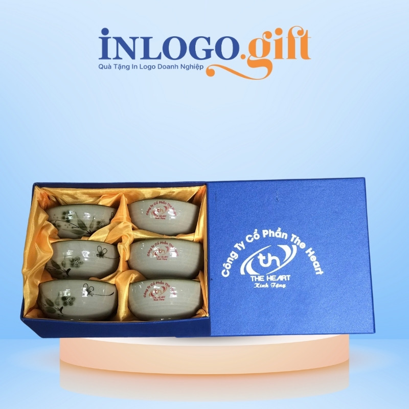 Bộ bát cơm in logo 6 món màu đất hoạ tiết vẽ tay hoa và chuồn chuồn BBC-07