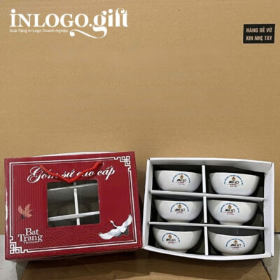 Bộ bát cơm in logo 6 món màu trắng BBC-08