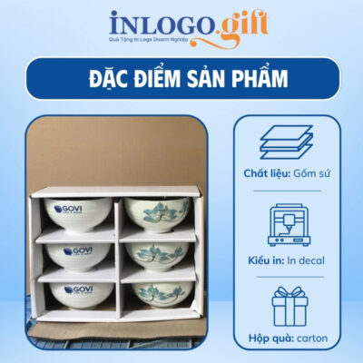 Bộ bát cơm in logo 6 món màu trắng họa tiết vẽ tay hoa sen xanh BBC-06