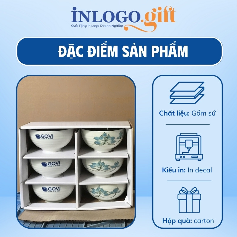 Bộ bát cơm in logo 6 món màu trắng họa tiết vẽ tay hoa sen xanh BBC-06