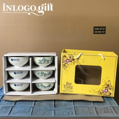 Bộ bát cơm in logo 6 món màu trắng họa tiết vẽ tay hoa sen xanh BBC-06