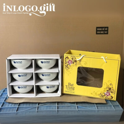 Bộ bát cơm in logo 6 món màu trắng họa tiết vẽ tay hoa sen xanh BBC-06