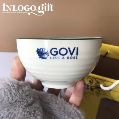 Bộ bát cơm in logo 6 món màu trắng họa tiết vẽ tay hoa sen xanh BBC-06