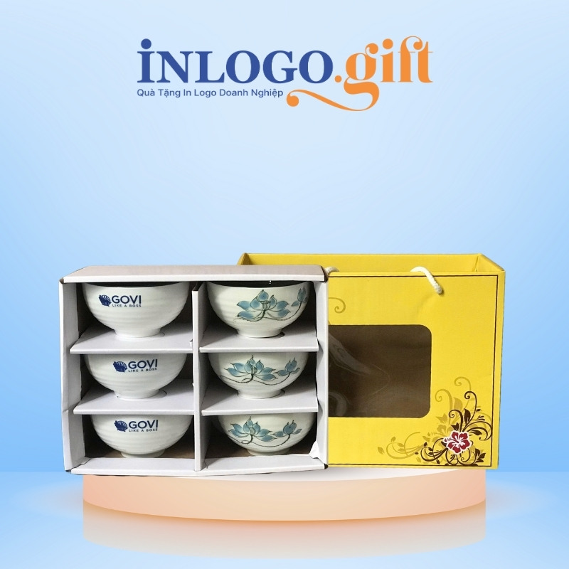 Bộ bát cơm in logo 6 món màu trắng họa tiết vẽ tay hoa sen xanh BBC-06