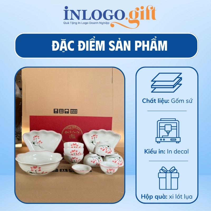 Bộ bát đĩa in logo 12 món men sứ trắng họa tiết hoa sen đỏ BD-05