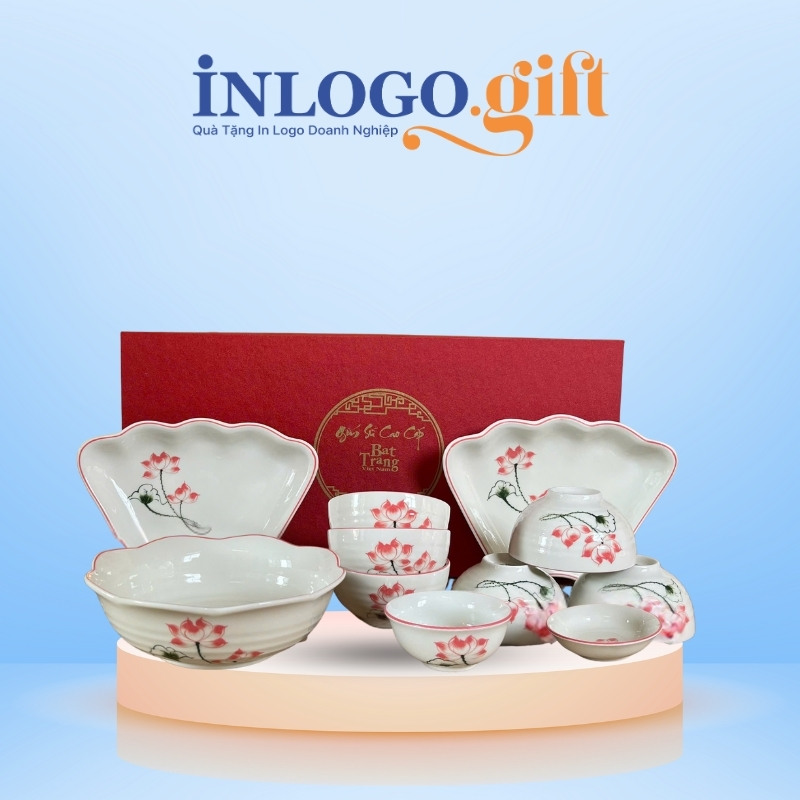 Bộ bát đĩa in logo 12 món men sứ trắng họa tiết hoa sen đỏ BD-05