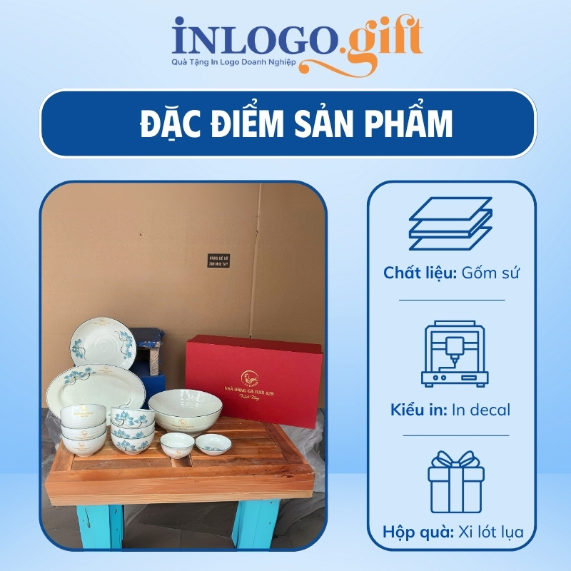 Bộ chén đĩa in logo 11 món họa tiết hoa sen xanh