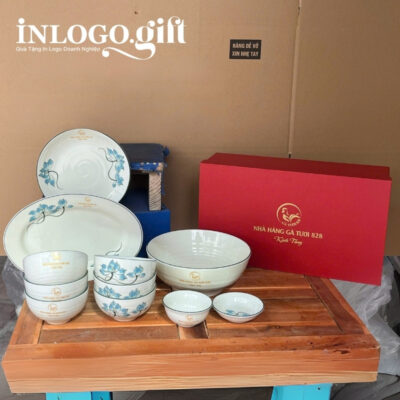 Bộ chén đĩa in logo 11 món họa tiết hoa sen xanh