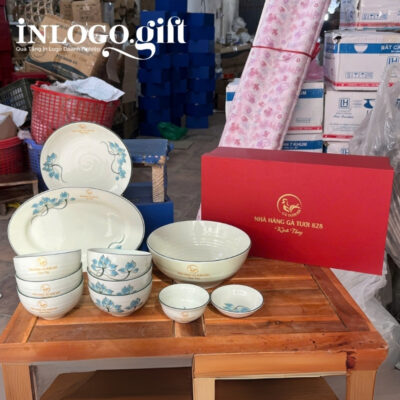 Bộ chén đĩa in logo 11 món họa tiết hoa sen xanh