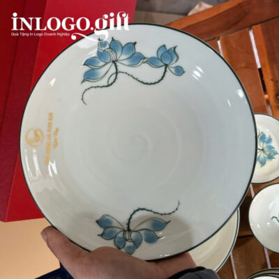 Bộ chén đĩa in logo 11 món họa tiết hoa sen xanh