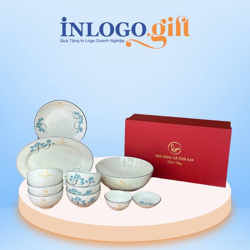 Bộ chén đĩa in logo 11 món họa tiết hoa sen xanh