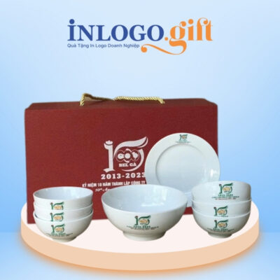 Bộ chén đĩa in logo 8 món men sứ trắng
