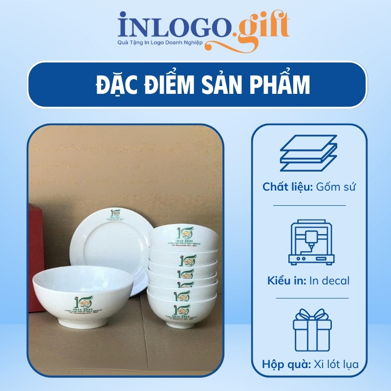 Bộ chén đĩa in logo 8 món men sứ trắng