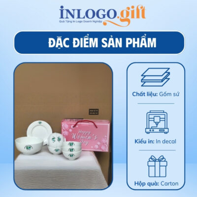 Bộ chén dĩa in logo 8 món men sứ trắng
