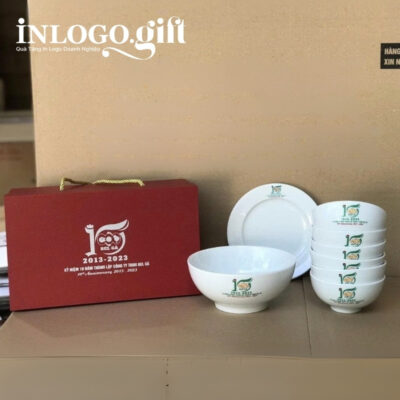 Bộ chén đĩa in logo 8 món men sứ trắng