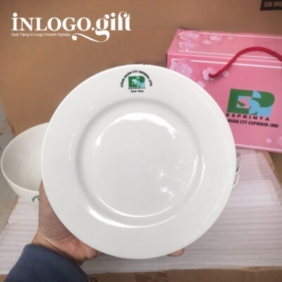Bộ chén dĩa in logo 8 món men sứ trắng