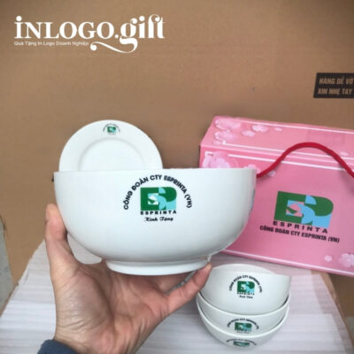 Bộ chén dĩa in logo 8 món men sứ trắng