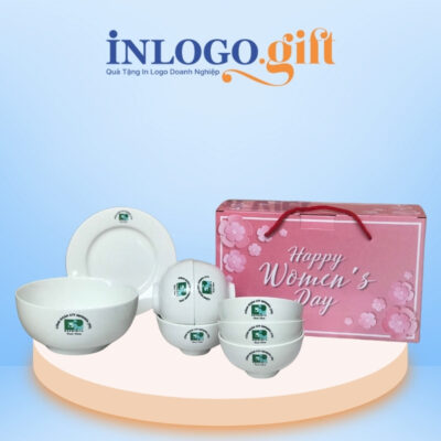 Bộ chén dĩa in logo 8 món men sứ trắng
