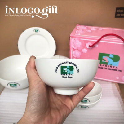 Bộ chén dĩa in logo 8 món men sứ trắng