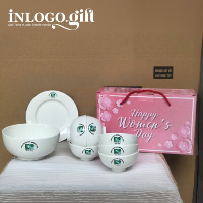 Bộ chén dĩa in logo 8 món men sứ trắng
