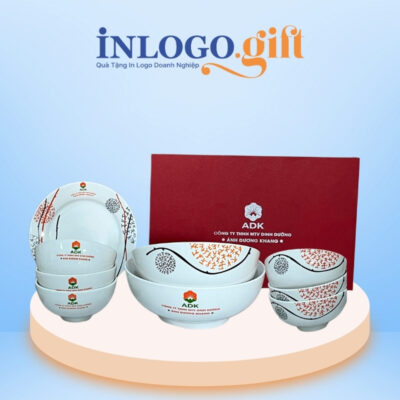 Bộ chén đĩa in logo 9 món họa tiết hoa