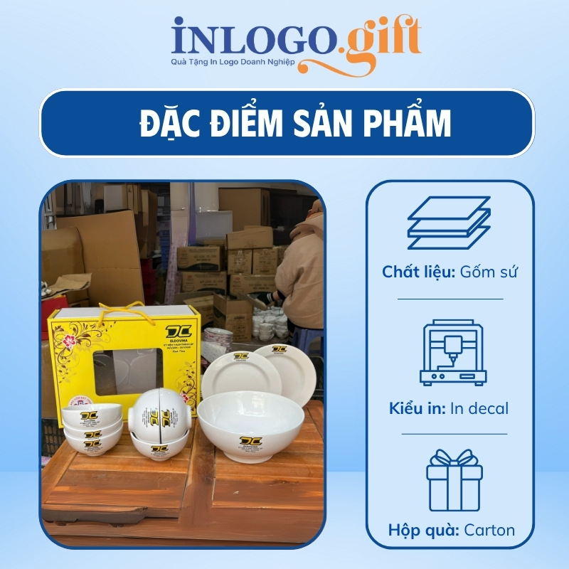 Bộ chén đĩa in logo 9 món men sứ trắng