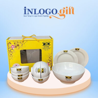 Bộ chén dĩa in logo 9 món men sứ trắng