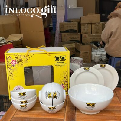 Bộ chén dĩa in logo 9 món men sứ trắng