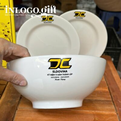Bộ chén dĩa in logo 9 món men sứ trắng