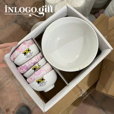 Bộ chén dĩa in logo 9 món men sứ trắng