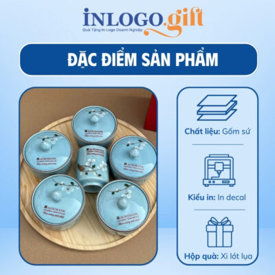 Bộ giftset in logo gồm 1 cốc sứ và 5 hũ mứt họa tiết hoa mai trắng