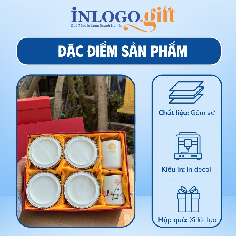 Bộ giftset in logo gồm 2 cốc sứ và 4 hũ mứt họa tiết hoa đào