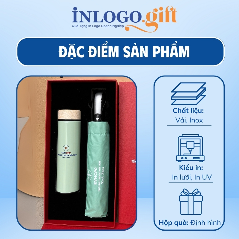 Bộ giftset in logo gồm bình giữ nhiệt nắp gỗ và ô dù gấp 3 tự động 1 chiều