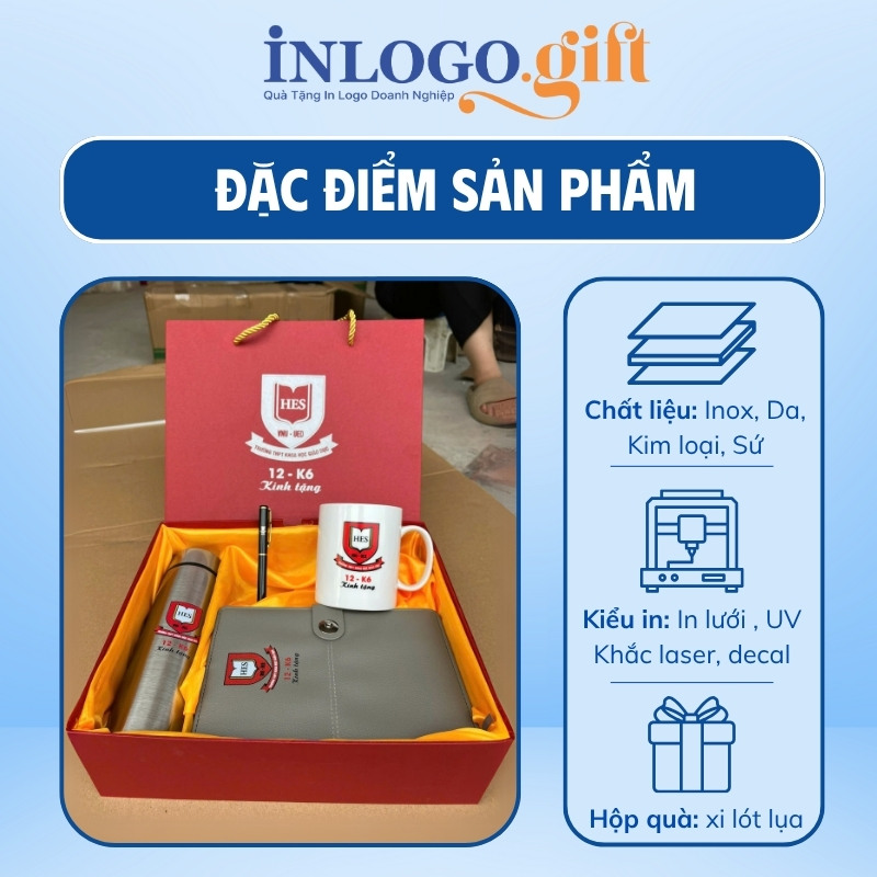 Bộ giftset in logo gồm bình giữ nhiệt, sổ da, ly sứ và bút ký BGS-36