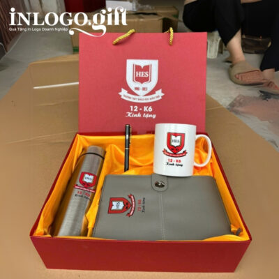 Bộ giftset in logo gồm bình giữ nhiệt, sổ da, ly sứ và bút ký BGS-36