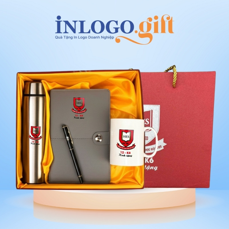 Bộ giftset in logo gồm bình giữ nhiệt, sổ da, ly sứ và bút ký BGS-36