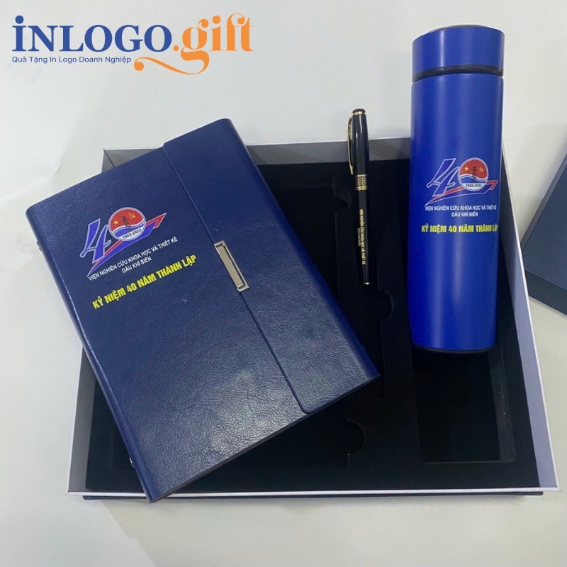 Bộ giftset in logo gồm bình giữ nhiệt, sổ da và bút ký BGS-35