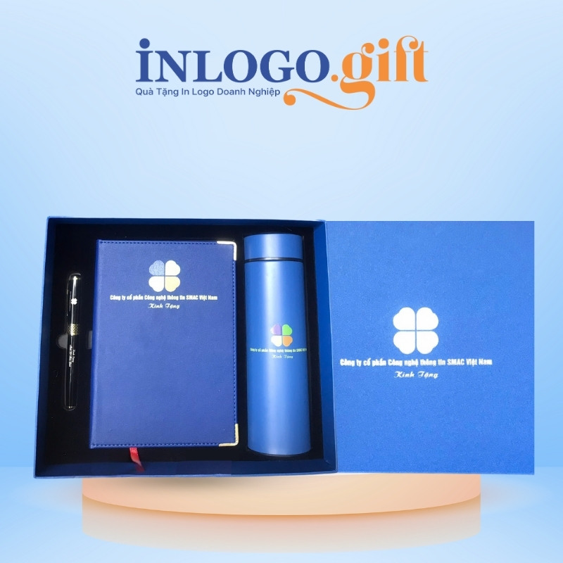 Bộ giftset in logo gồm bình giữ nhiệt, sổ da và bút ký BGS-34