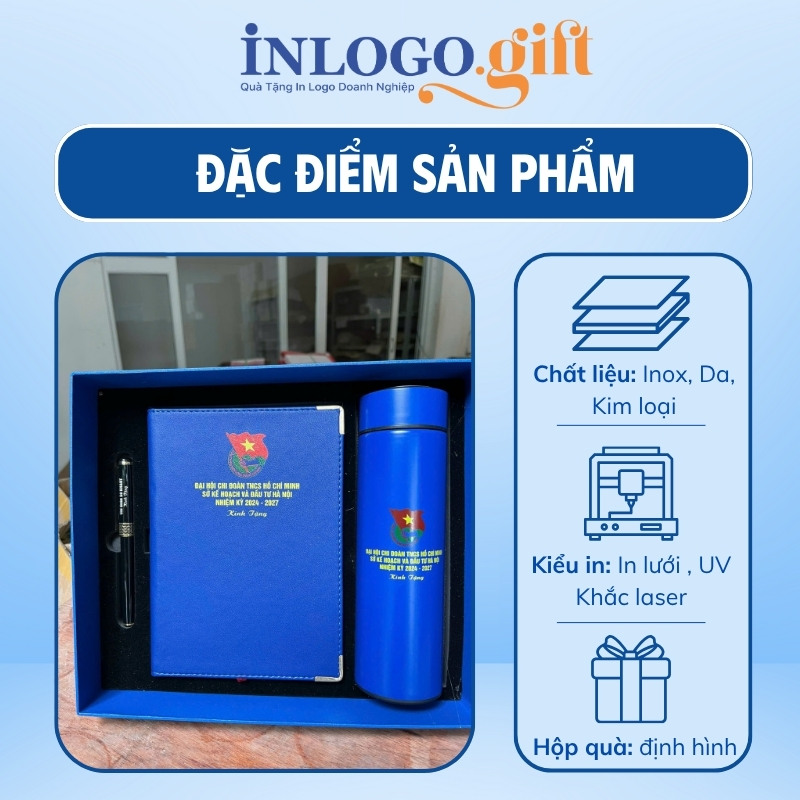 Bộ giftset in logo gồm bình giữ nhiệt, sổ da và bút ký BGS-33