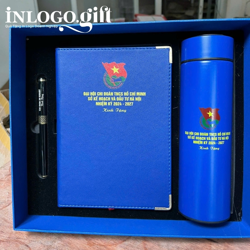 Bộ giftset in logo gồm bình giữ nhiệt, sổ da và bút ký BGS-33