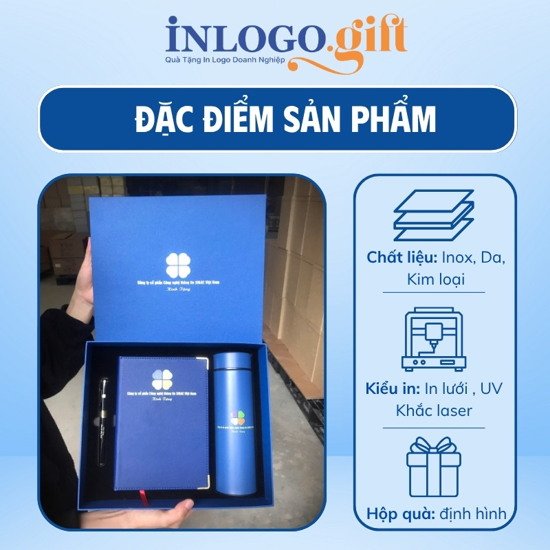 Bộ giftset in logo gồm bình giữ nhiệt, sổ da và bút ký BGS-34