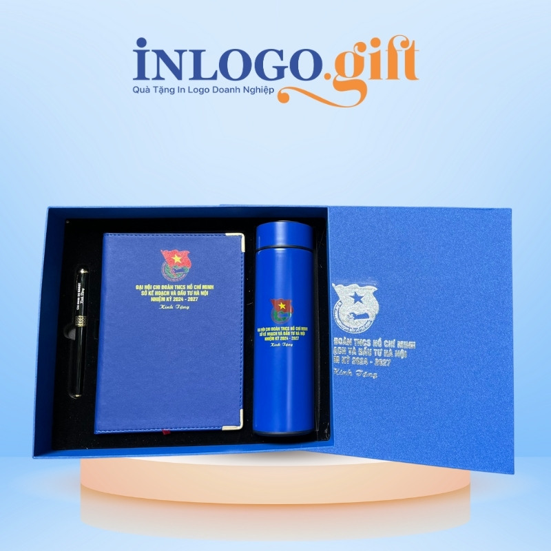 Bộ giftset in logo gồm bình giữ nhiệt, sổ da và bút ký BGS-33