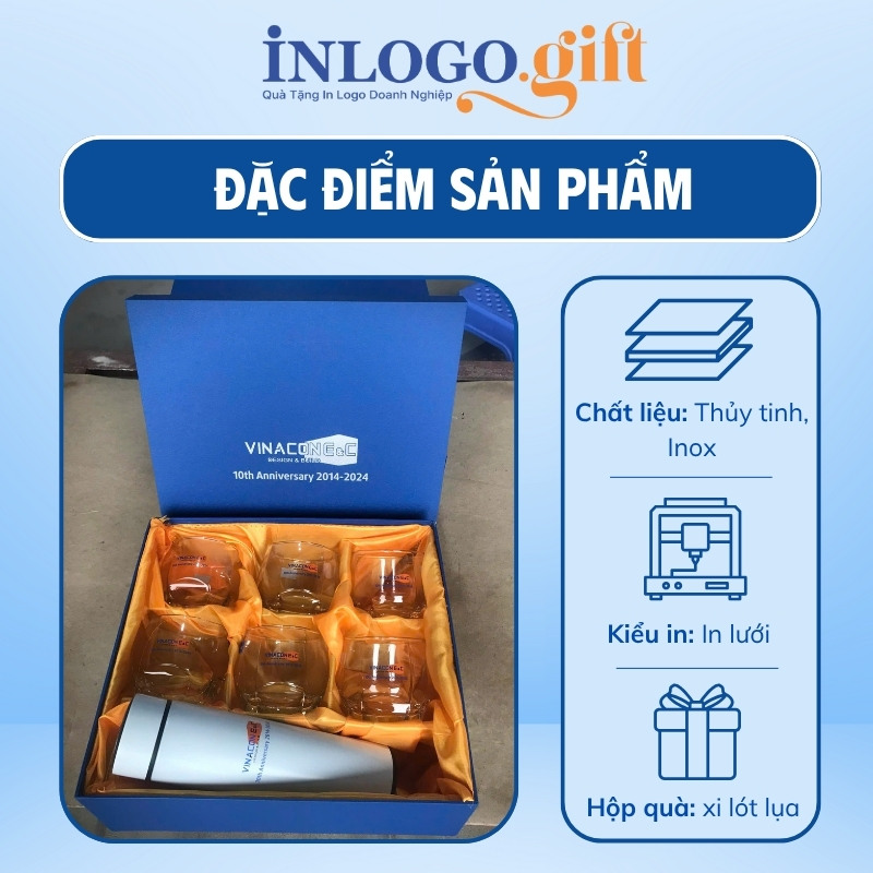 Bộ giftset in logo gồm bình giữ nhiệt và 6 cốc thủy tinh Ocean BGS-13