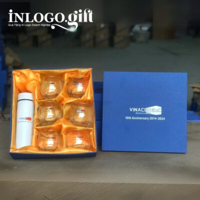 Bộ giftset in logo gồm bình giữ nhiệt và 6 cốc thủy tinh Ocean BGS-13