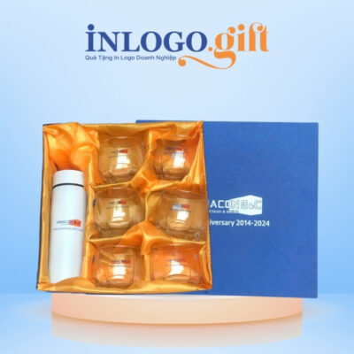 Bộ giftset in logo gồm bình giữ nhiệt và 6 cốc thủy tinh Ocean BGS-13