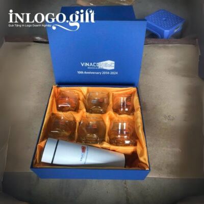 Bộ giftset in logo gồm bình giữ nhiệt và 6 cốc thủy tinh Ocean BGS-13