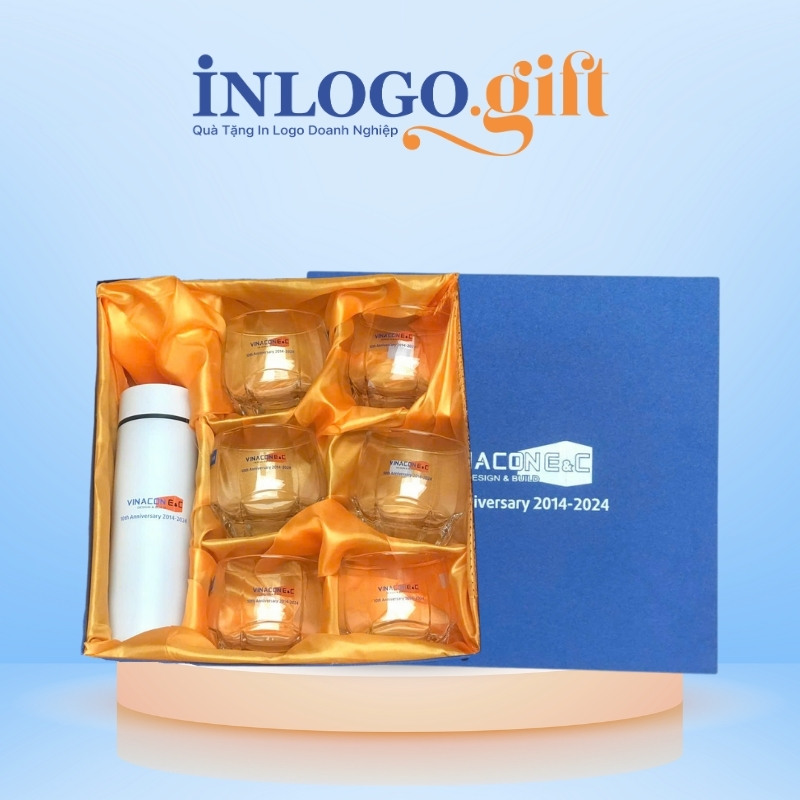 Bộ giftset in logo gồm bình giữ nhiệt và 6 cốc thủy tinh Ocean BGS-13